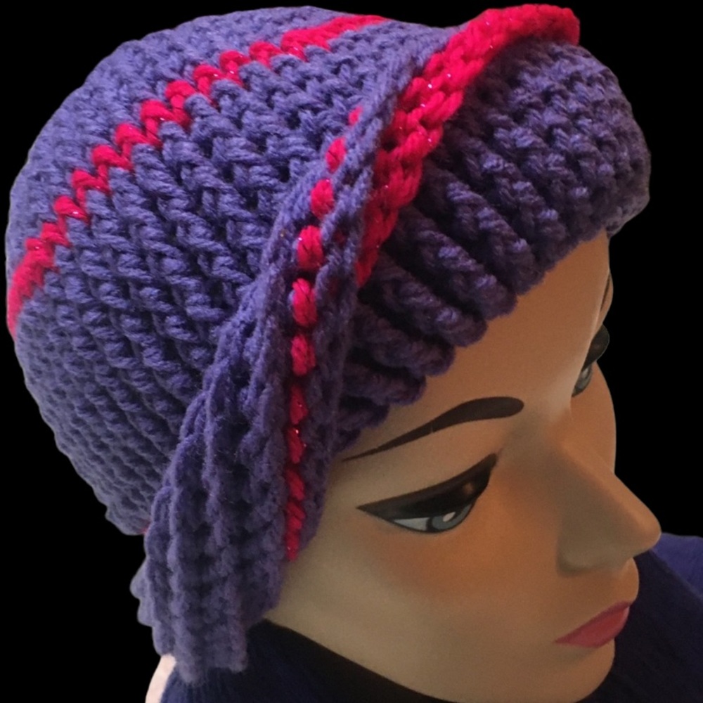 Handmade Victorian Cloche Look Crocheted Hat Purple and Fuchsia